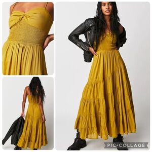 Free People Sundrenched Solid Maxi Dress Mustard Smocked Boho Tiered S